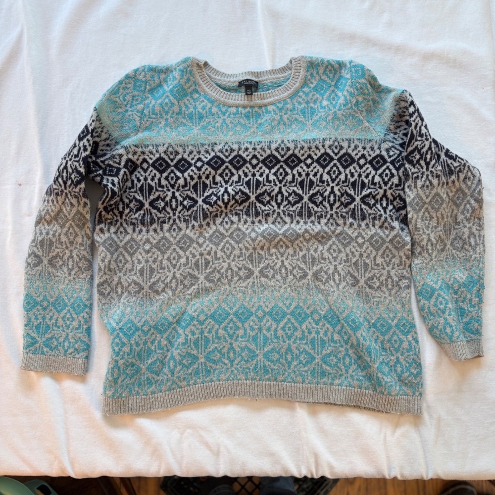 Talbots Woman Petites Fair Isle Sweater Turquoise Grey Black Long Sleeve Knit‎